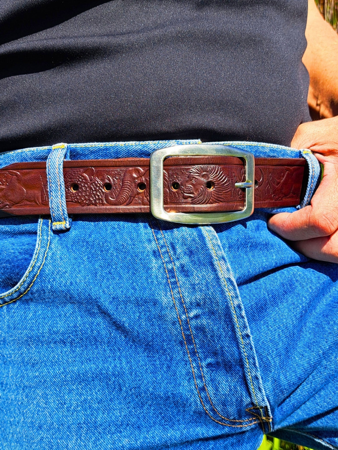 Brown Big Five Embossed Leather Belt (40mm)